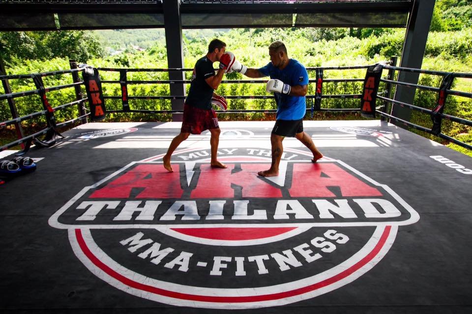 Professional Boxing Training going on in the open green space of the AKA Gym, Phuket