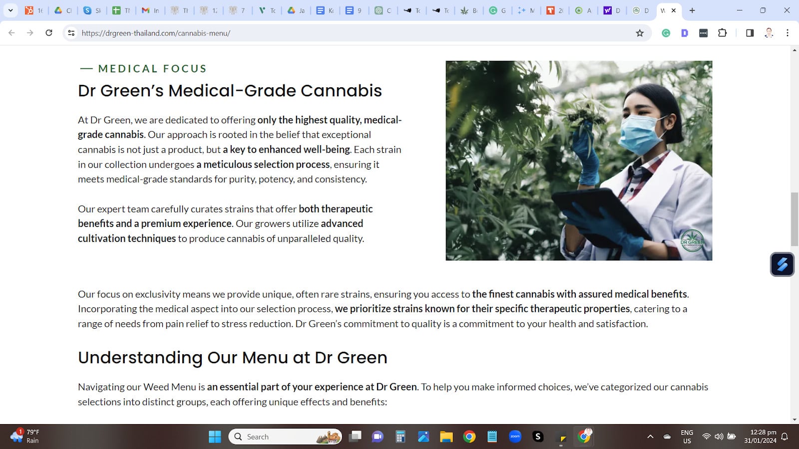 The Menu page of Dr. Green’s website emphasizes its commitment to producing high-quality medical-grade cannabis that primarily focuses on the health and therapeutic effects of the strains.