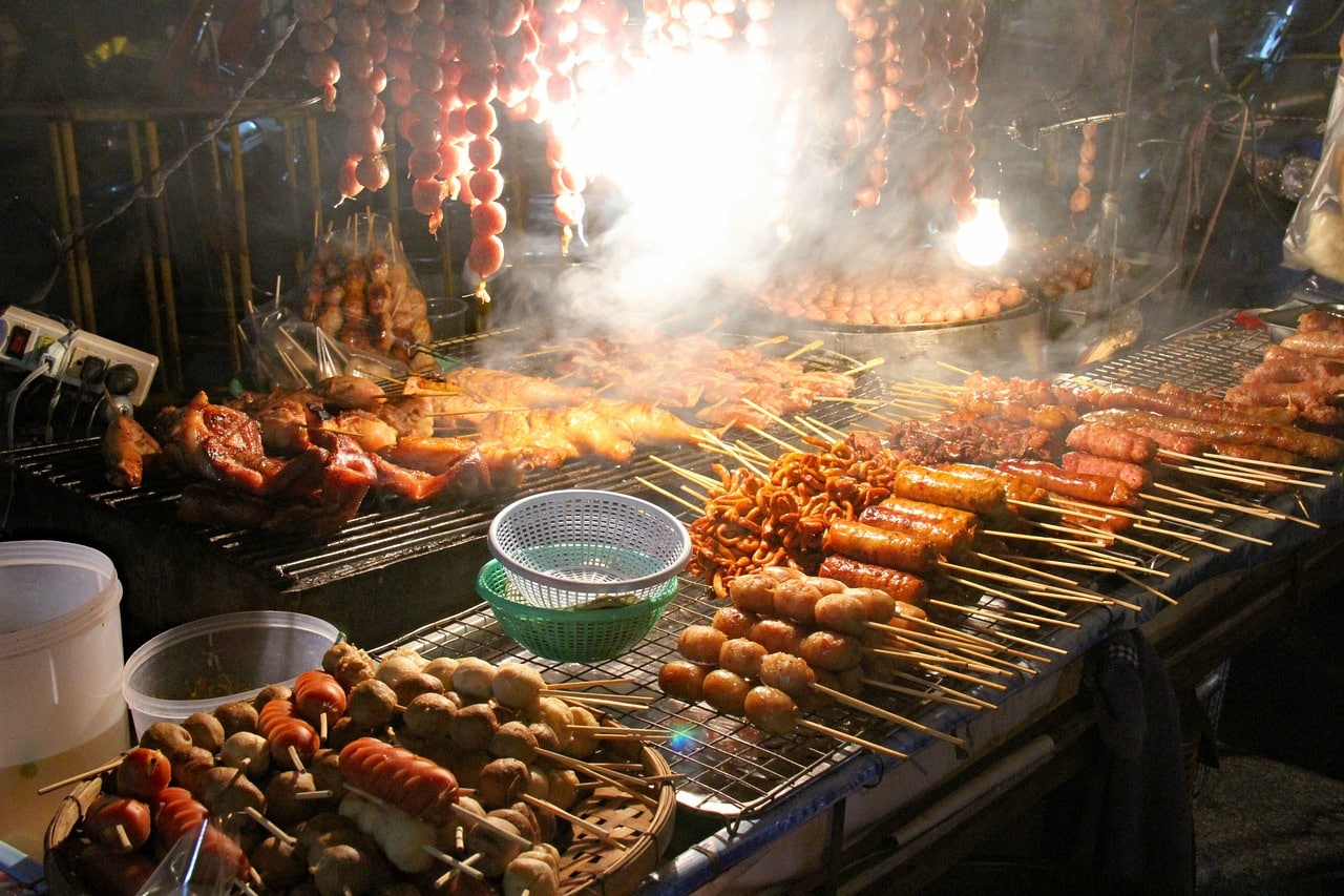 An array of grilled foods at Naka Weekend Market in Phuket