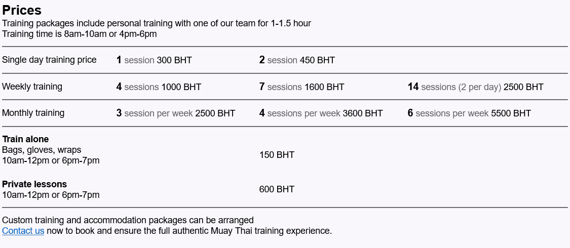 Price list of Island Muay Thai in Koh Tao